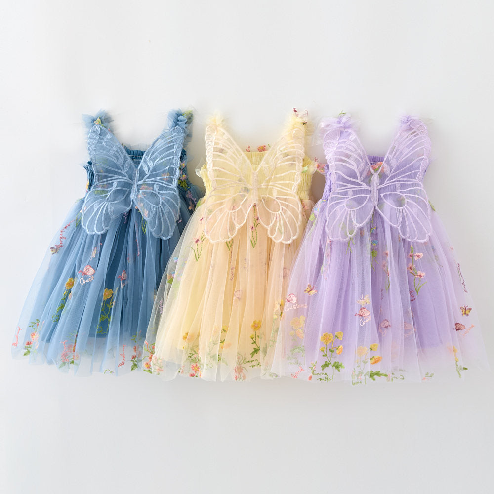 Girls floral embroidery mesh tutu dress with butterfly wings
