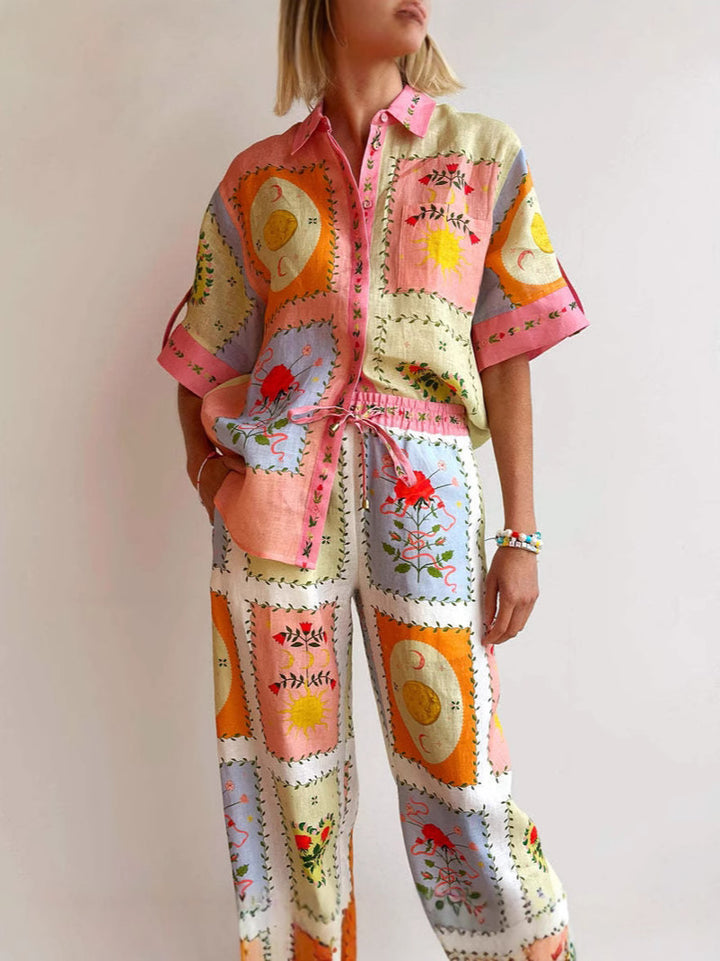 Unique Print Loose Short-Sleeved Shirt Straight Pants Set