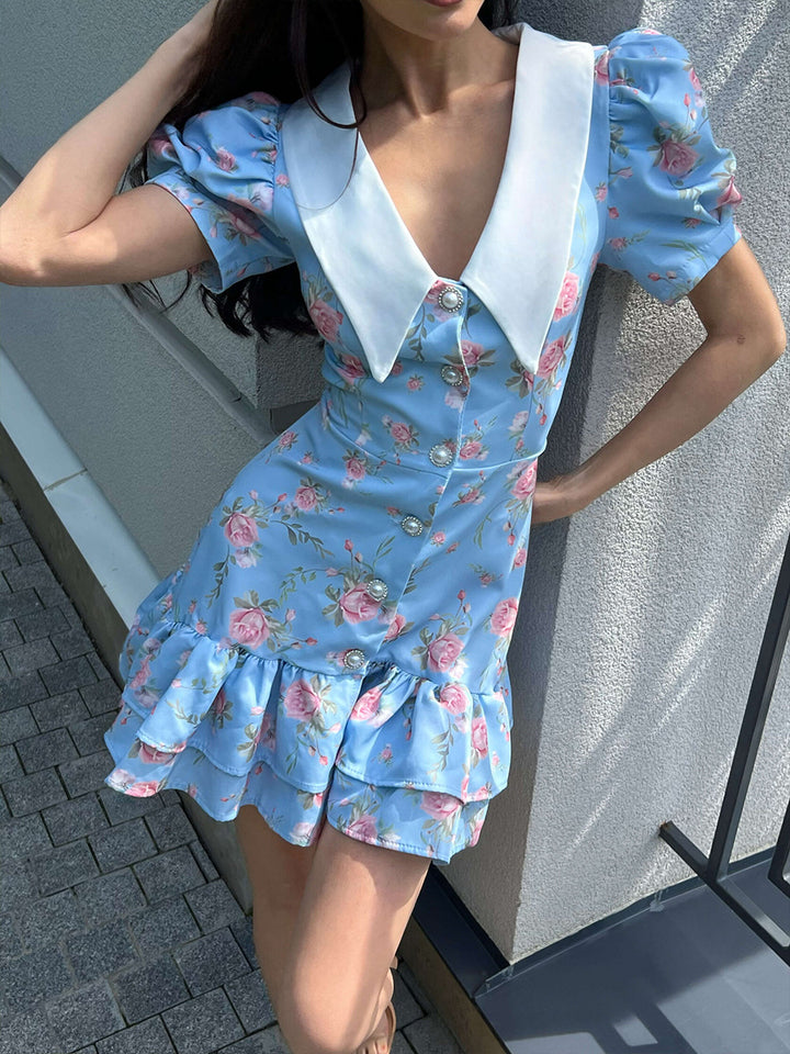 French v-neck puff sleeve floral ruffle dress
