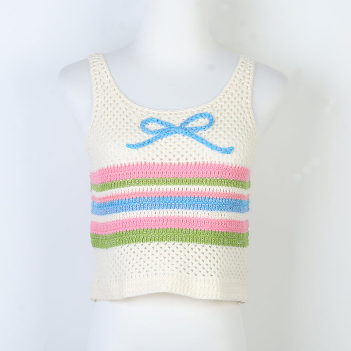 Hand-crocheted knitted Bow contrast color vest