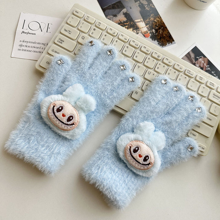 Labubu Five-finger warm knitted diamond furry gloves