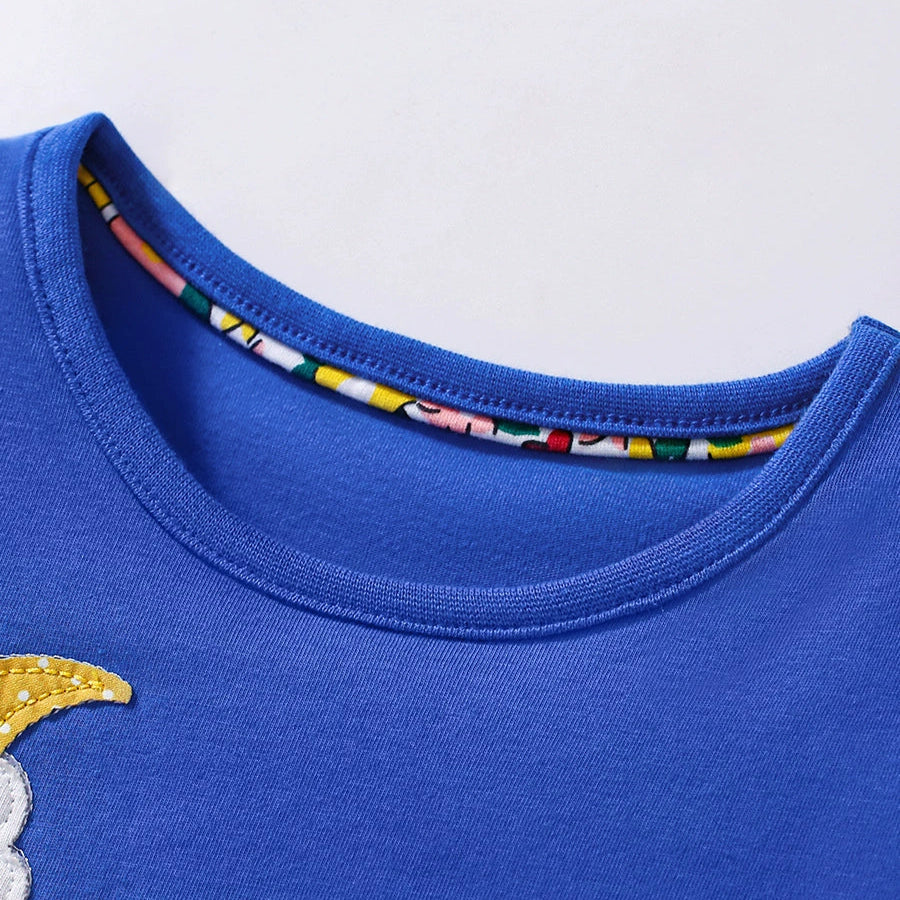 Unicorn applique blue cotton tee for girls