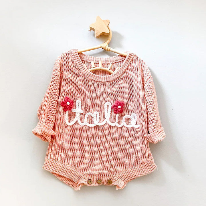 Personalized Hand-Embroidered Knit Baby Romper