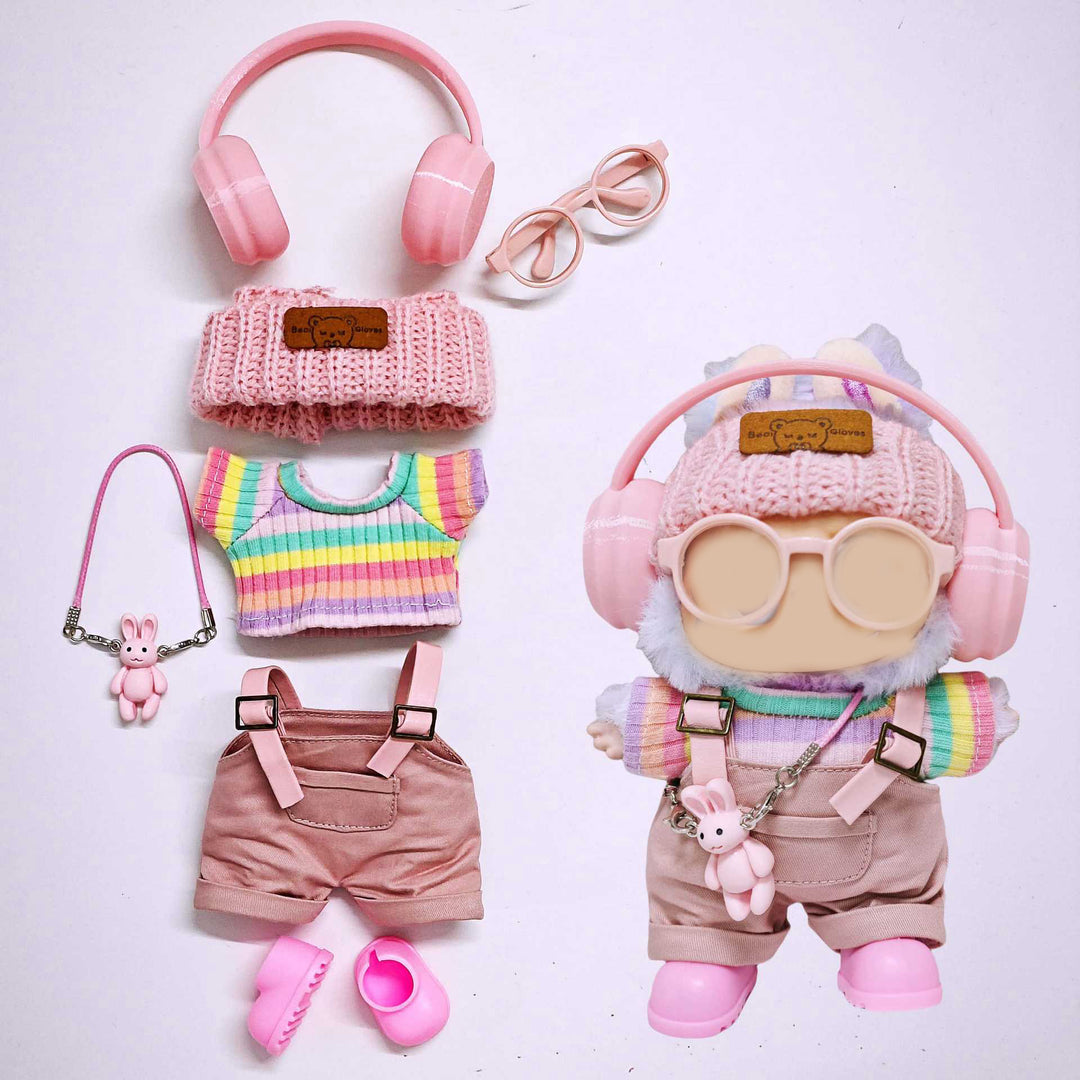 Labubu doll clothes cute pink skirt striped T-shirt 7PCS set