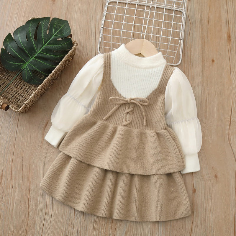 Girls puff sleeve knitted sweater skirt