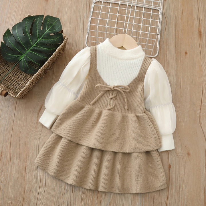 Girls puff sleeve knitted sweater skirt