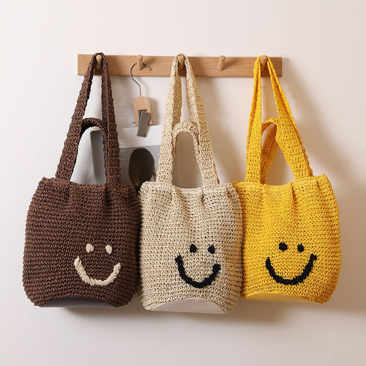Smiley face one-shoulder cotton woven bag holiday beach bag