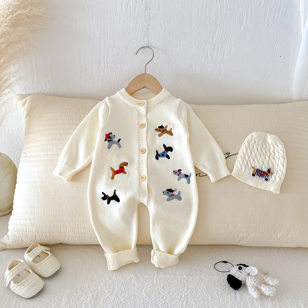Baby puppy embroidered knitted warm romper