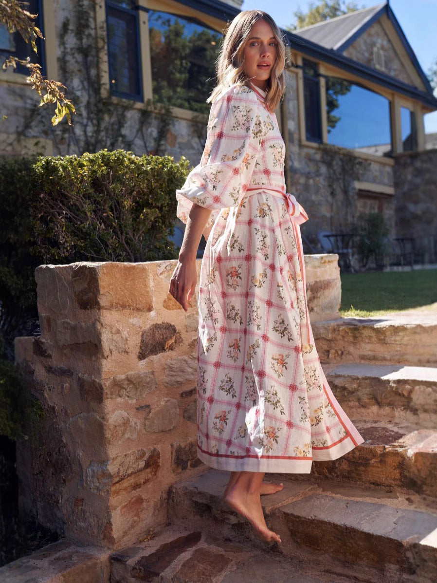 Pink Floral Linen Waist Tie Dress