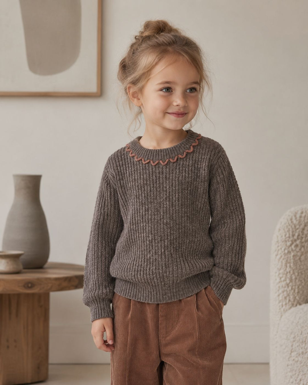 Girls' Ribbed Knit Pullover with Contrast-Color Scalloped Crew Neck