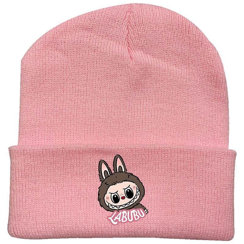Cute monster printed knitted beanie hat-pink