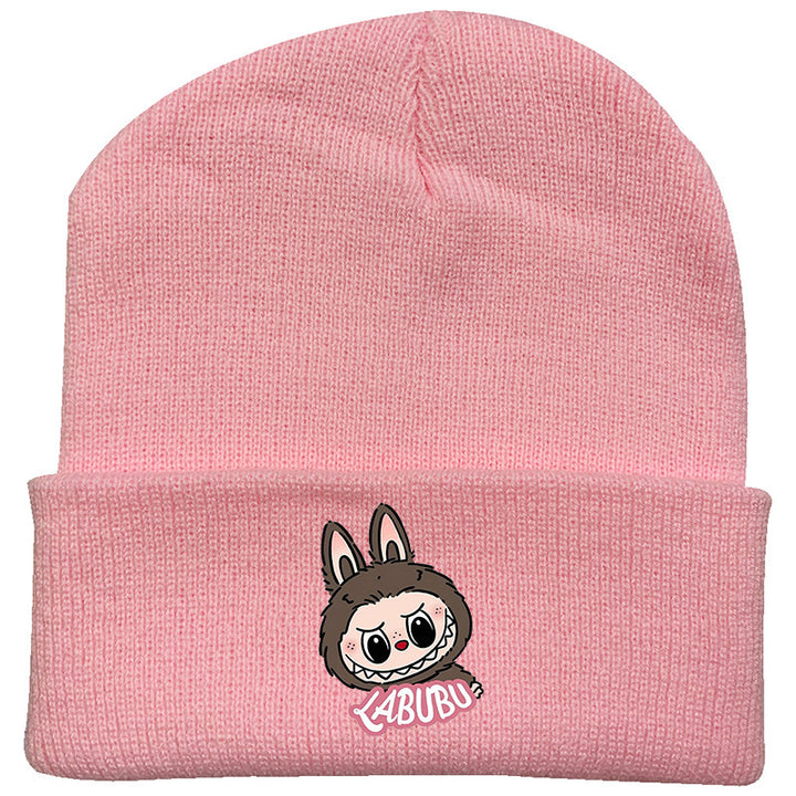 Cute monster printed knitted beanie hat-pink