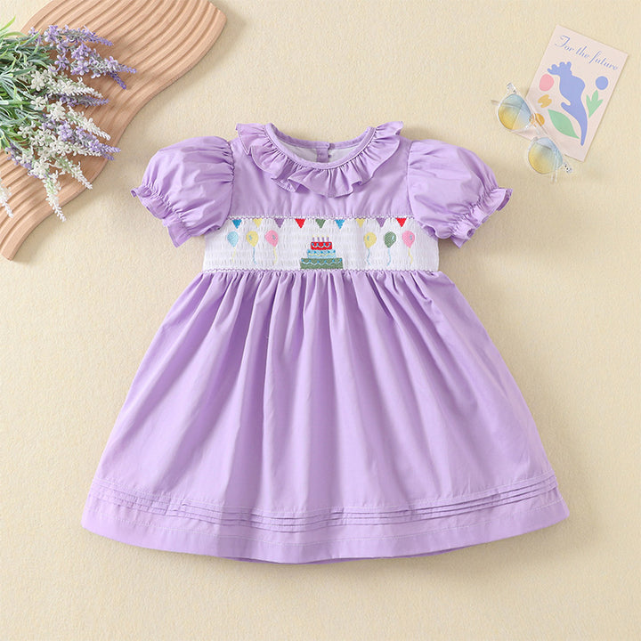 Birthday embroidery lotus leaf collar purple dress with puff sleeves