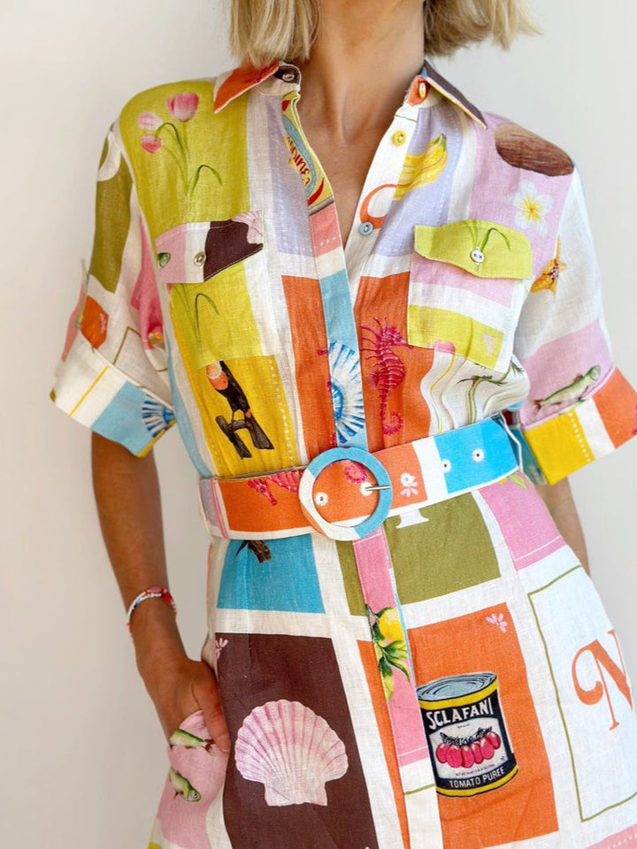 Summer vibe Linen belt shirt dress