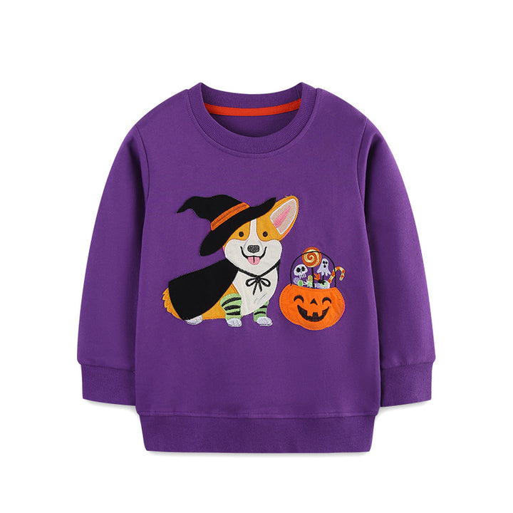 Halloween cartoon witch puppy patch pullover sweater