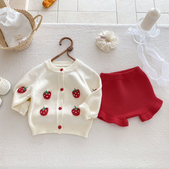 3D Strawberry Baby Girl Knitted Sweater Cardigan&Shorts 2PCS Suit