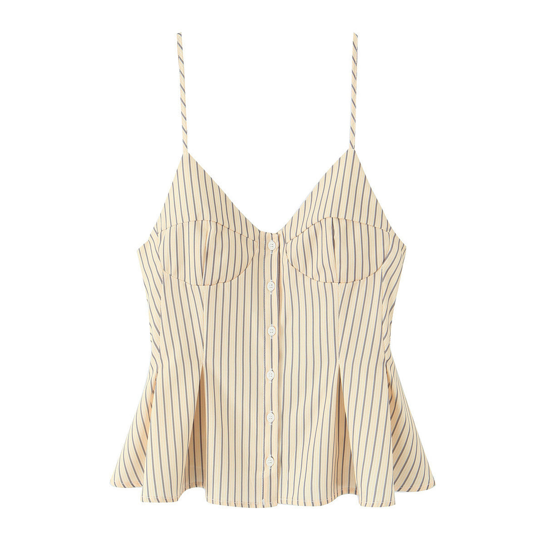 V-neck button-down striped pleated camisole top