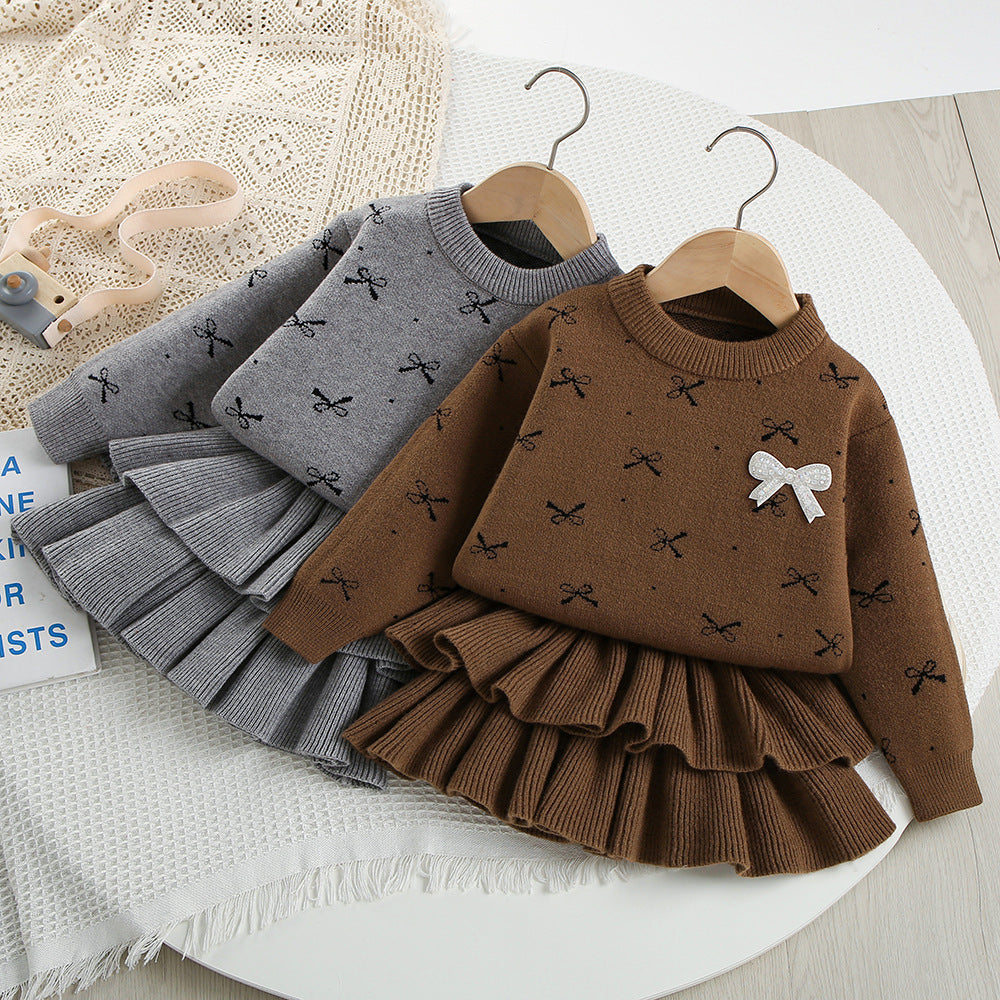 Girls knitted pullover bow sweater &cake skirt 2pcs set