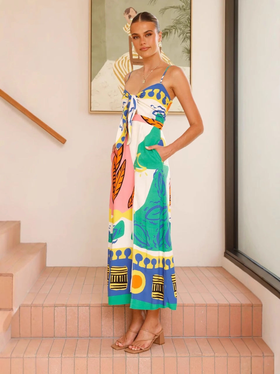 Holiday Style Printed Bow Tie Slit Dress