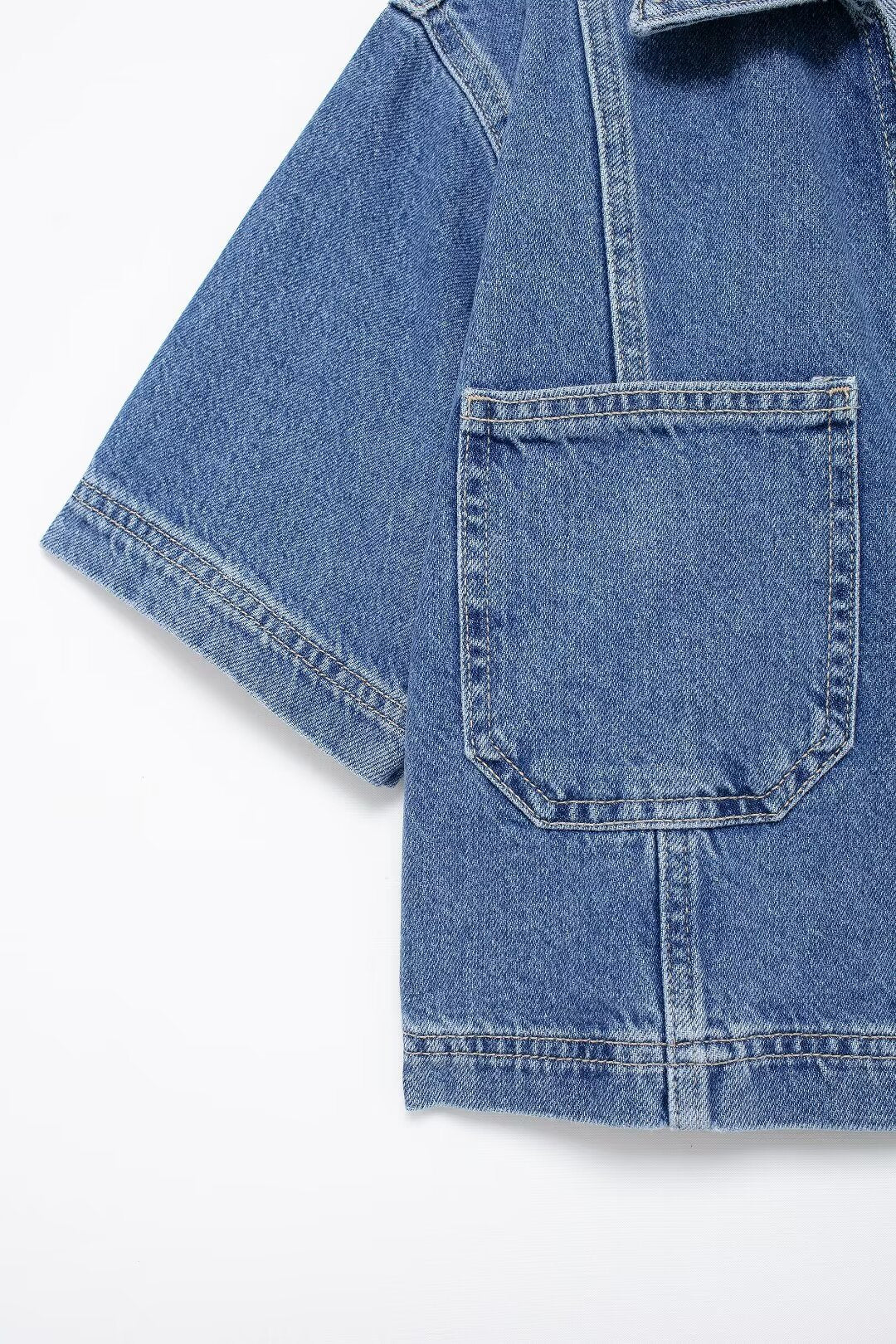 Cropped Denim Shirt&Double Breasted Culottes