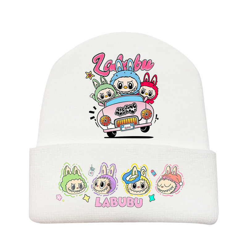 Cute monster printed knitted beanie hat-white