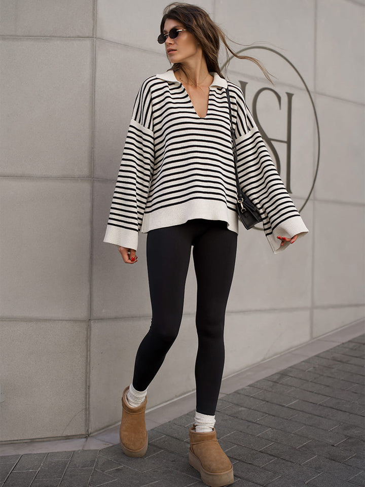 Black striped lapel pullover sweater for women