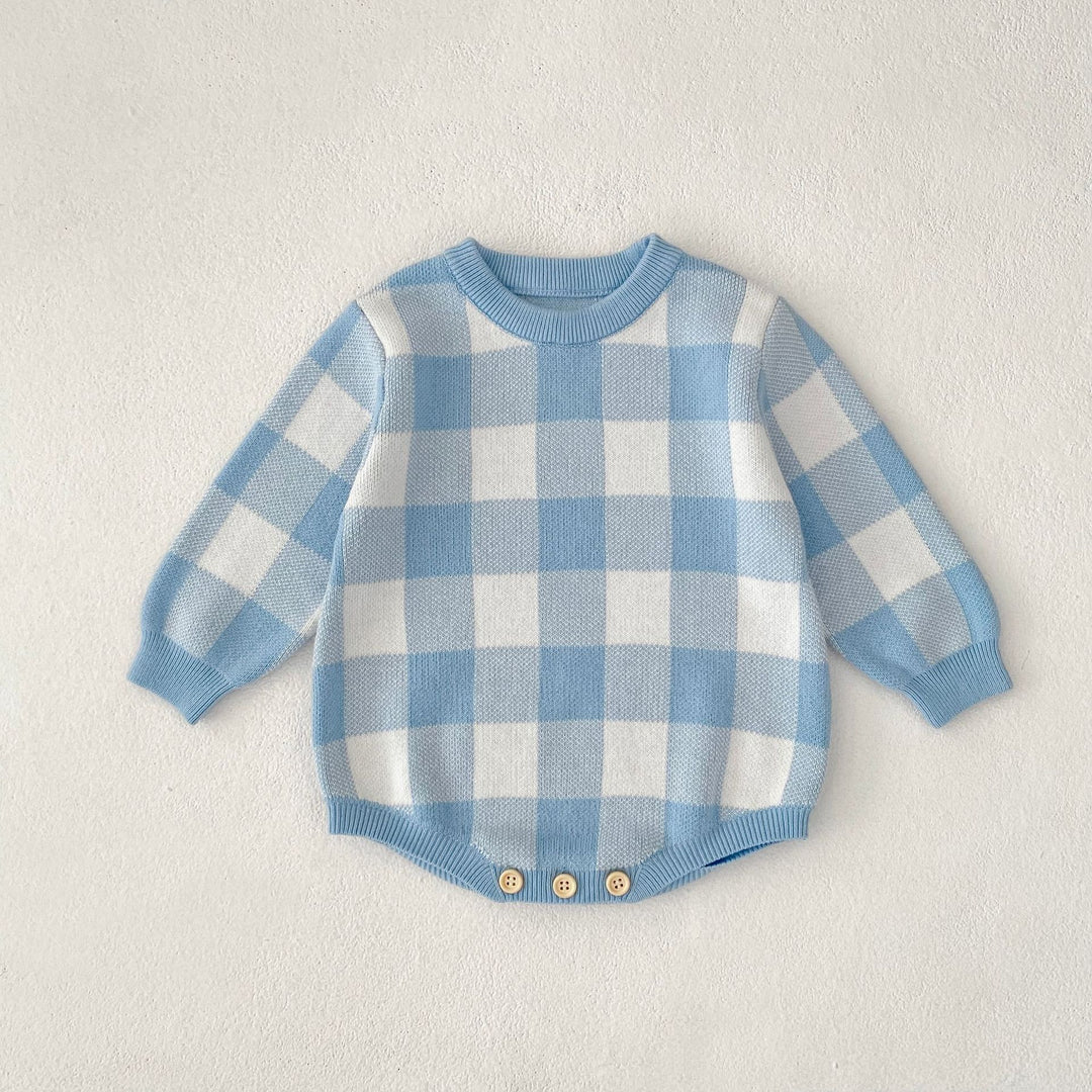 Plaid Jacquard Long Sleeve Knitted Romper for baby