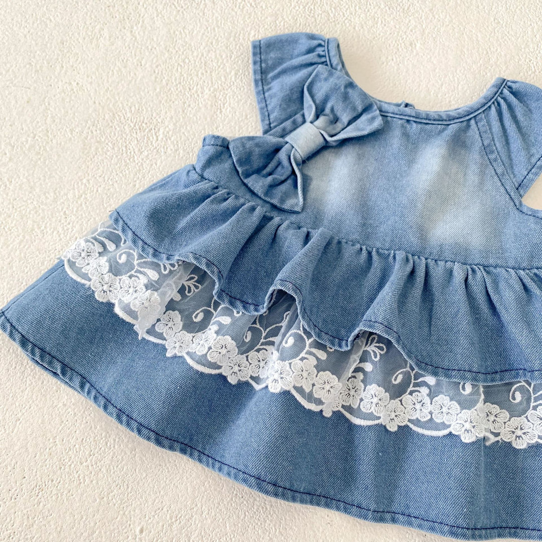 Baby denim lace splicing top&bubble short 2pcs set