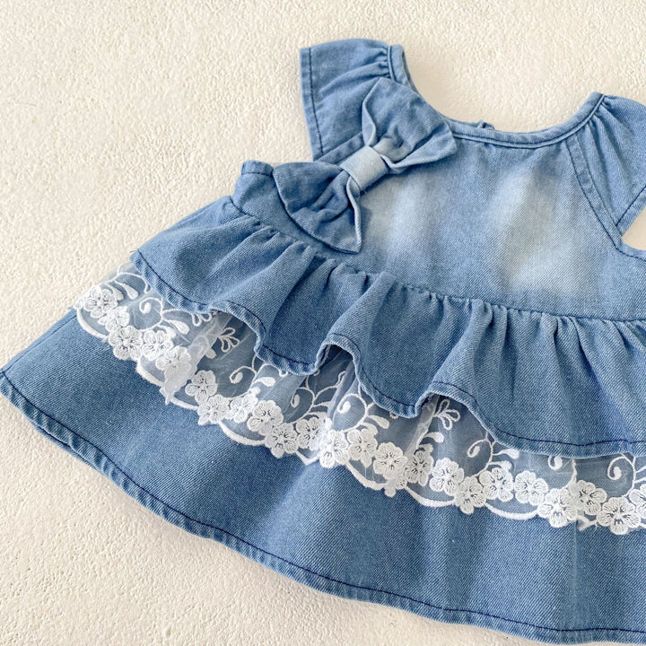 Baby denim lace splicing top&bubble short 2pcs set
