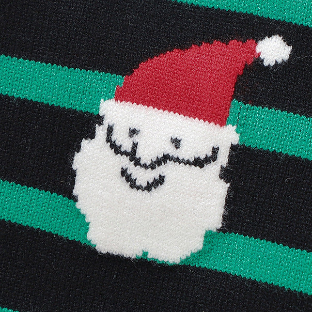 Baby Christmas Green &amp; Black Striped Santa Jacquard Knit Romper