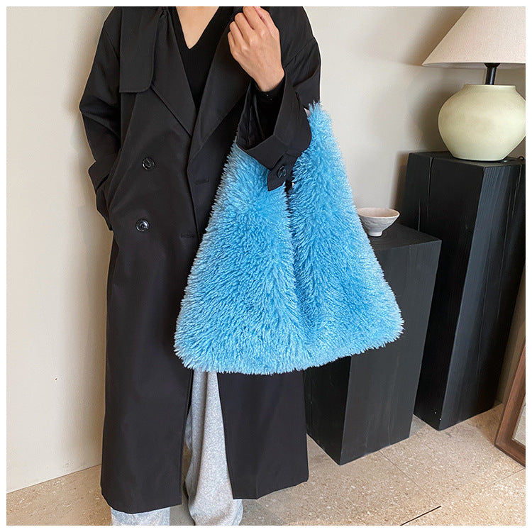 Large capacity plush bag solid color furry shoulder bag