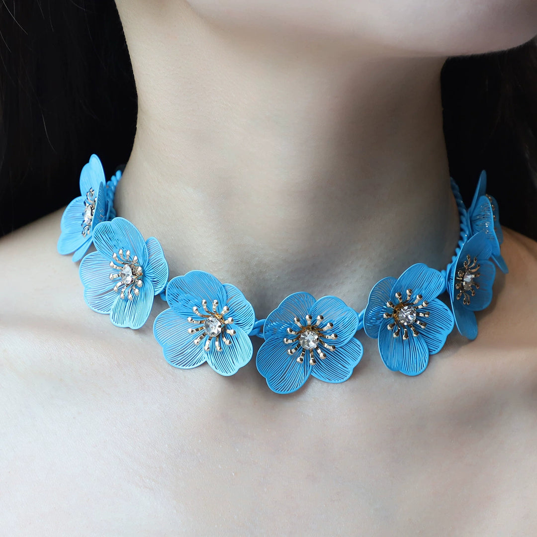 Metal hollow blue flower earrings&necklace