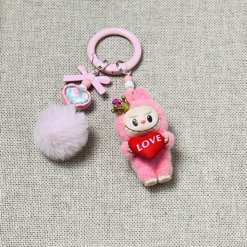 Holding love heart Flocked labubu keychain bag pendant