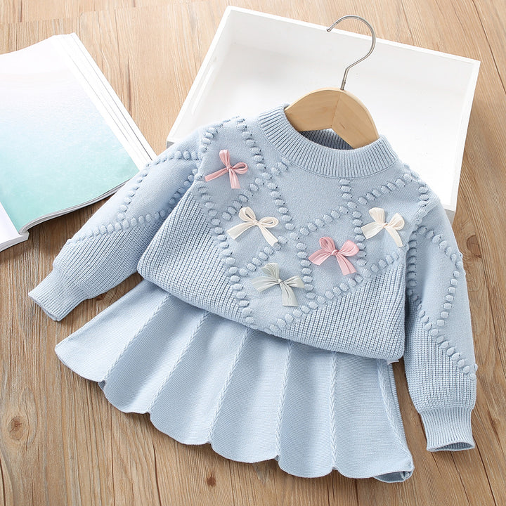 Sweet bowknot knitted sweater&skirt 2pcs set for girls
