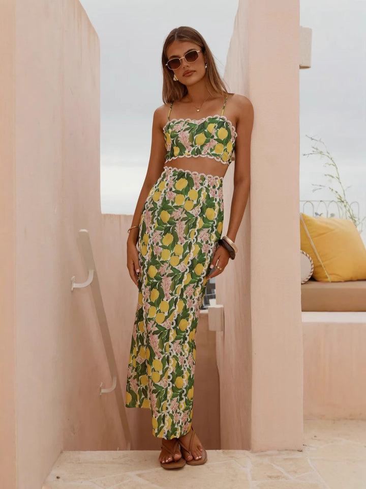 Ric-Rac wavy lace suspender top&slit skirt 2pcs set
