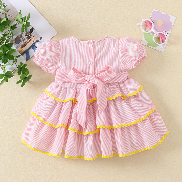 Bow tie Birthday embroidery cake dress with puff sleeves