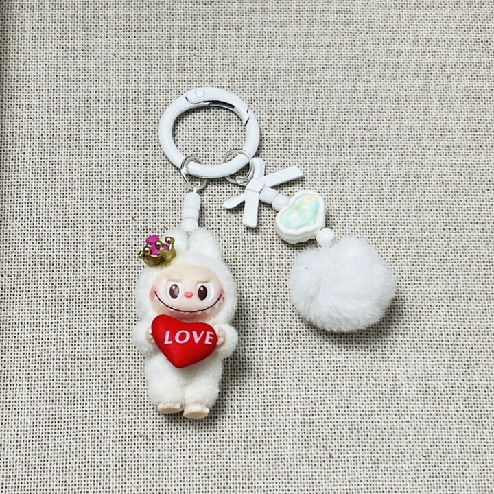 Holding love heart Flocked labubu keychain bag pendant
