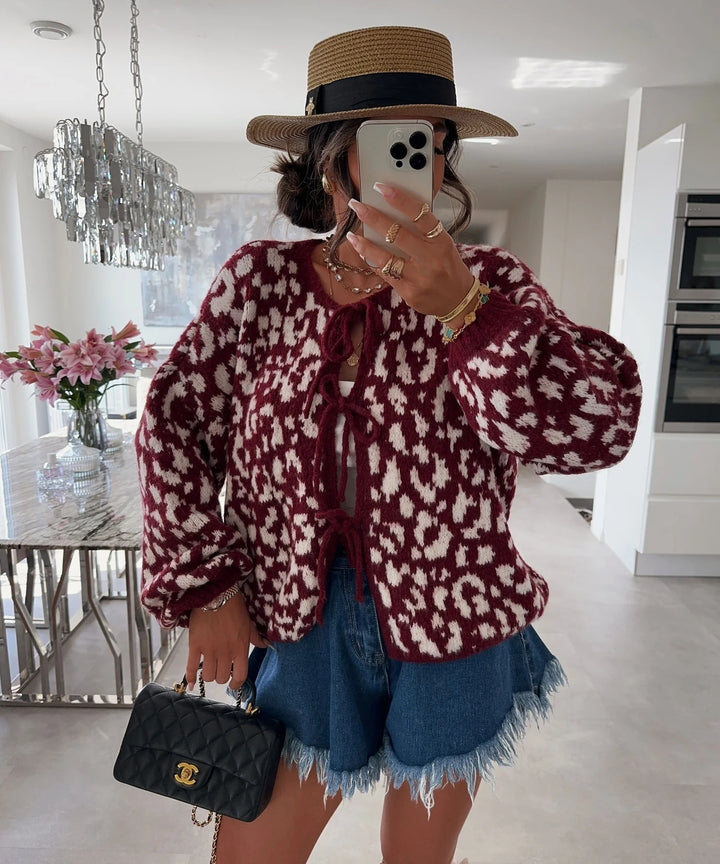Bow tie knitted leopard cardigan coat