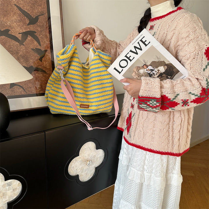 Striped plush large capacity shoulder tote bag