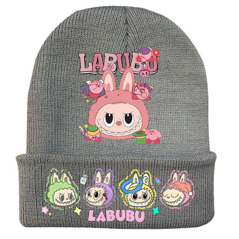 Cute monster printed knitted beanie hat-gray