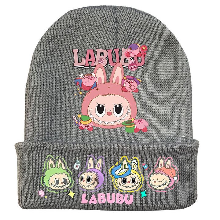 Cute monster printed knitted beanie hat-gray