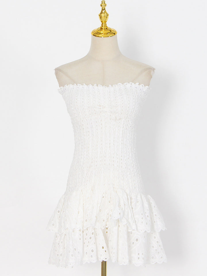 Embroidered tube top puffy mini dress