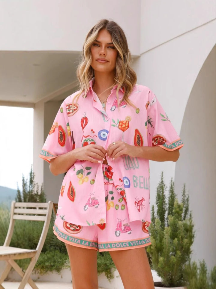 Pink Summer seaside printed Shirt Cardigan&Shorts Set