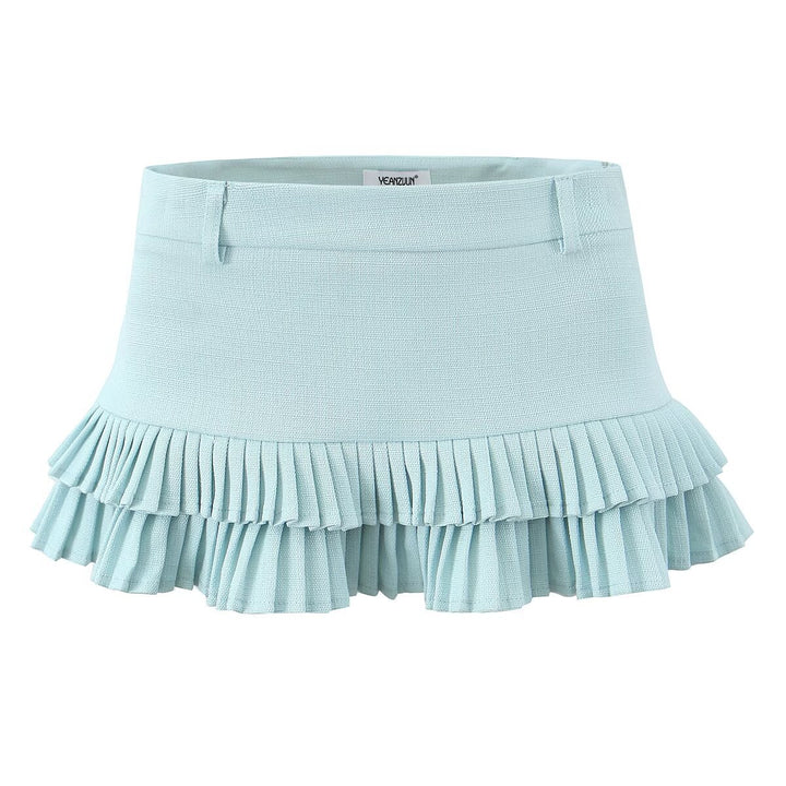 Striped short-sleeved shirt&low-waist pleated skirt