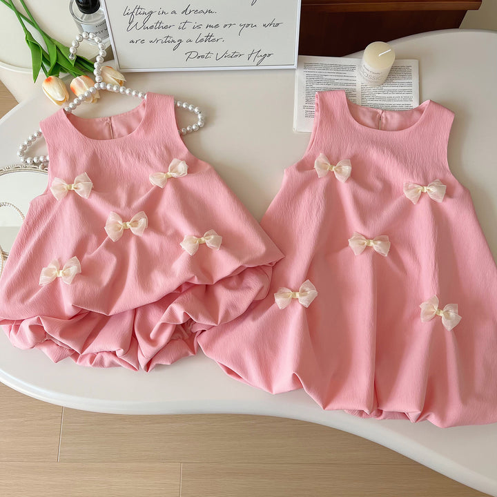 Girls bow-deco sleeveless pink dress for summer
