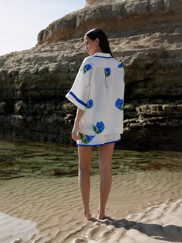 Casual Linen floral Shirt&Hip Skirt Set