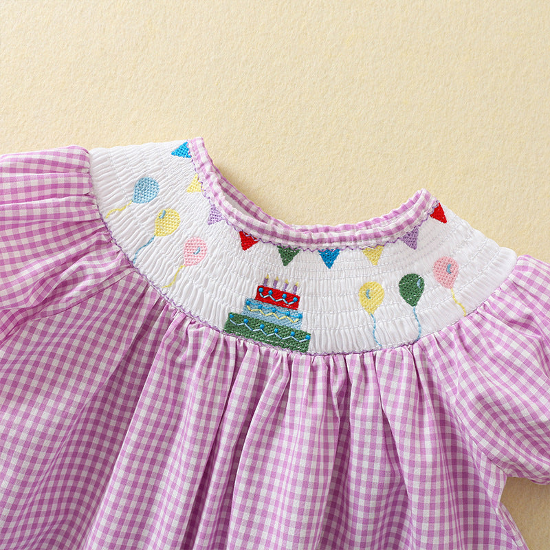 Purple plaid Birthday smocked dress with exquisite embroidery