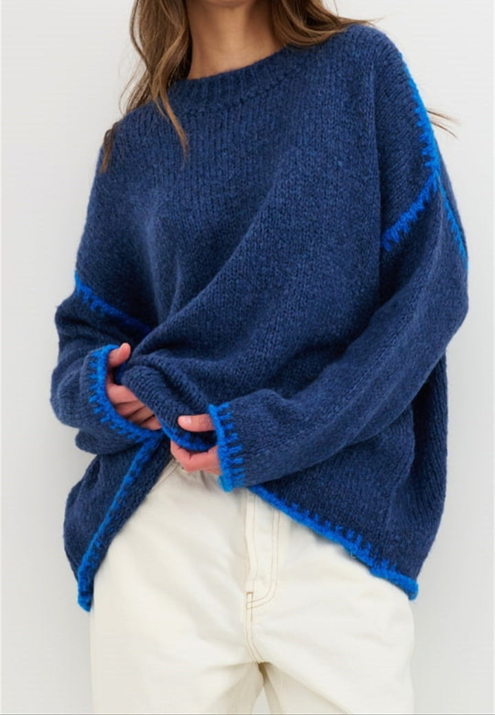 Loose contrast color knitted oversized sweater