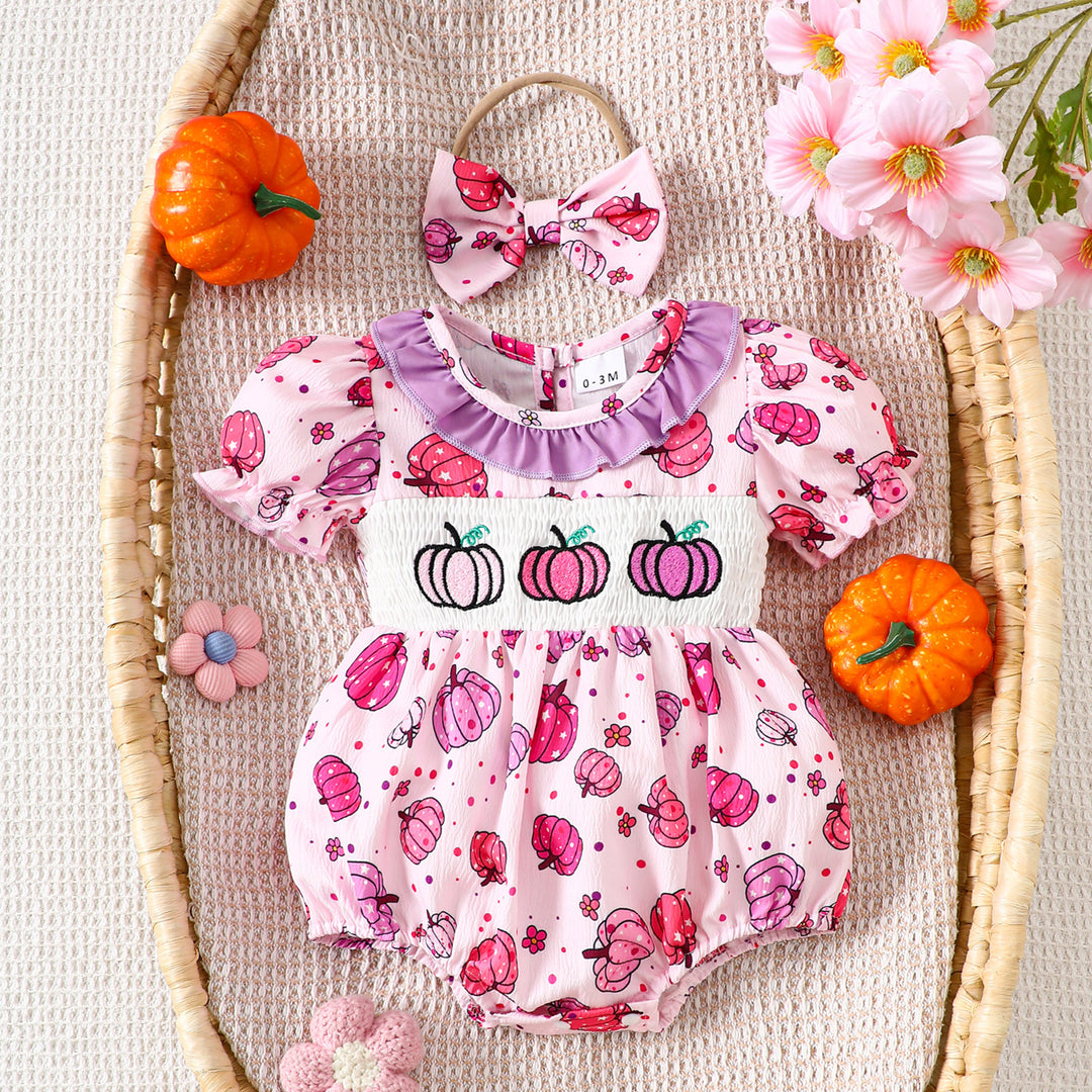 Halloween cute Pumpkin Embroidery smocked Romper