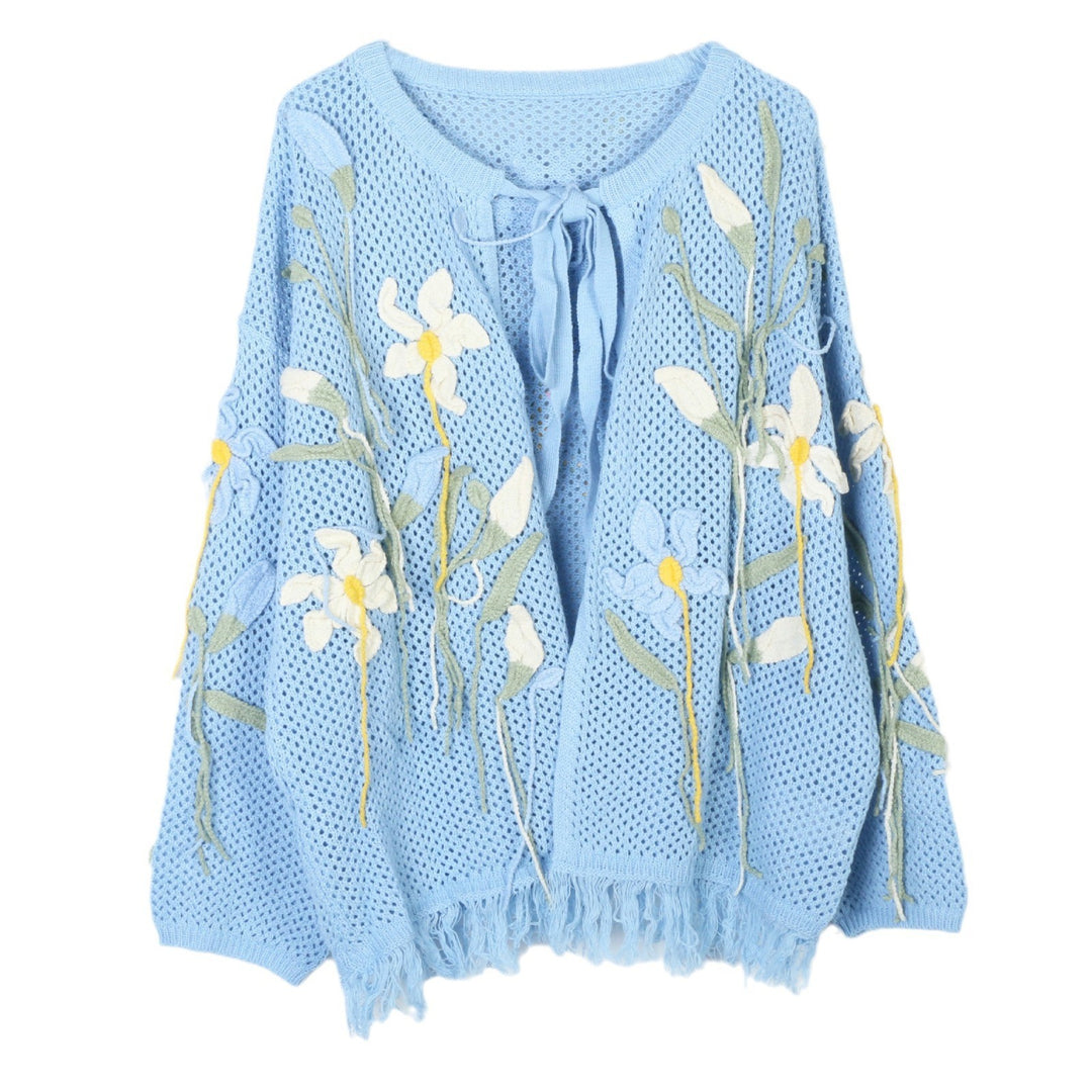 Hand-crocheted 3D flower Tassel knitted cardigan for women